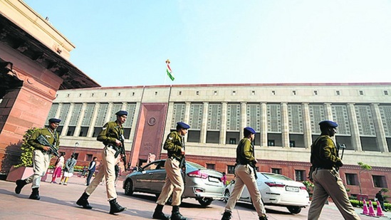 The CISF conducting a survey following the security breach at Parliament in December. (PTI)