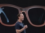 Meta CEO Mark Zuckerberg delivers a speech, as a pair of Ray-Ban smart glasses appear on screen, during the Meta Connect event at the company's headquarters in Menlo Park, California.