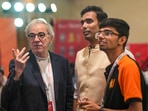 Table Tennis players Sharath Kamal and Manav Thakkar with Head Coach Massimo Costantini during the Ultimate Table Tennis 2024 Player Draft, in Mumbai, Wednesday, July 10