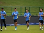 Suryakumar Yadav trains with Arshdeep Singh, Ravi Bishnoi and Rinku Singh.(PTI) Suryakumar Yadav trains with Arshdeep Singh, Ravi Bishnoi and Rinku Singh.(PTI)