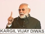 Prime Minister Narendra Modi speaks during a program to commemorate the 25th anniversary of the Kargil Vijay Diwas at the Kargil War Memorial in Drass on Friday. (PTI Photo)(PTI) Prime Minister Narendra Modi speaks during a program to commemorate the 25th anniversary of the Kargil Vijay Diwas at the Kargil War Memorial in Drass on Friday. (PTI Photo)(PTI)