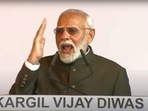 Prime Minister Narendra Modi speaks during a program to commemorate the 25th anniversary of the Kargil Vijay Diwas at the Kargil War Memorial, in Dras, Friday, July 26, 2024. (PTI Photo)(PTI) Prime Minister Narendra Modi speaks during a program to commemorate the 25th anniversary of the Kargil Vijay Diwas at the Kargil War Memorial, in Dras, Friday, July 26, 2024. (PTI Photo)(PTI)