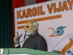 Prime Minister Narendra Modi speaks during an event to commemorate the 25th anniversary of Kargil Vijay Diwas at the Kargil War Memorial in Drass, (PTI Photo) (PTI) Prime Minister Narendra Modi speaks during an event to commemorate the 25th anniversary of Kargil Vijay Diwas at the Kargil War Memorial in Drass, (PTI Photo) (PTI)
