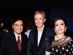 Mukesh Ambani (left), Nita Ambani (right) with LVHM billionaire Bernard Arnault (centre) at Paris Olympics 2024. (Instagram/@ambani_update) Mukesh Ambani (left), Nita Ambani (right) with LVHM billionaire Bernard Arnault (centre) at Paris Olympics 2024. (Instagram/@ambani_update)