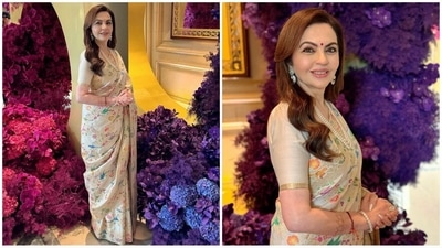 Nita Ambani turned heads in an ivory saree adorned with exquisite floral embroidery. (Instagram) Nita Ambani turned heads in an ivory saree adorned with exquisite floral embroidery. (Instagram)