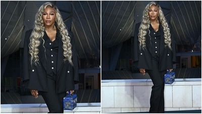 Serena Williams demonstrates how to rock a pantsuit with ultimate flair. Her look is a masterclass in power dressing, featuring a navy blue waistcoat with white buttons, an oversized blazer, and fish-cut hemline pants. (Instagram) Serena Williams demonstrates how to rock a pantsuit with ultimate flair. Her look is a masterclass in power dressing, featuring a navy blue waistcoat with white buttons, an oversized blazer, and fish-cut hemline pants. (Instagram)