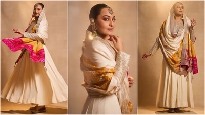 Sonakshi Sinha’s ethereal look features a mesmerising beige anarkali kurta with full sleeves adorned with golden borders, an embellished neckline, and a flared bottom. She paired it with a contrasting bandhani dupatta, adding a touch of drama. With minimal makeup and Indian jewellery, she exudes effortless elegance. (Instagram) Sonakshi Sinha’s ethereal look features a mesmerising beige anarkali kurta with full sleeves adorned with golden borders, an embellished neckline, and a flared bottom. She paired it with a contrasting bandhani dupatta, adding a touch of drama. With minimal makeup and Indian jewellery, she exudes effortless elegance. (Instagram)