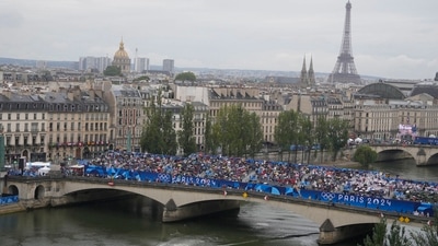 Security patrol the Seine river in Paris, France, ahead of the opening ceremony of the 2024 Summer Olympics, Friday, July 26 (AP)
