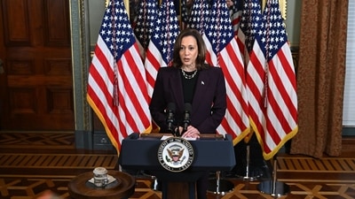 US Vice President Kamala Harris following a meeting with Israeli Prime Minister Benjamin Netanyahu, not pictured, in the Vice President's Ceremonial Office in Washington, DC, US, on Thursday, July 25, 2024. Photographer: Kenny Holston/The New York Times/Bloomberg (Bloomberg) US Vice President Kamala Harris following a meeting with Israeli Prime Minister Benjamin Netanyahu, not pictured, in the Vice President's Ceremonial Office in Washington, DC, US, on Thursday, July 25, 2024. Photographer: Kenny Holston/The New York Times/Bloomberg (Bloomberg)