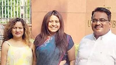 IAS officer Puja Khedkar with her parents. RTI activist Vijay Kumbhar has petitioned the district collector seeking criminal action against staff at YCMH for issuing fake disability certificate to Puja. (HT)