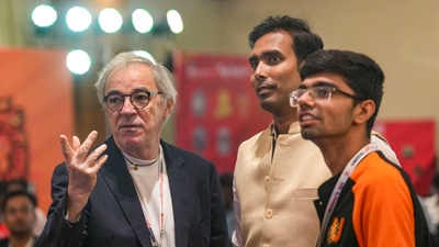 Table Tennis players Sharath Kamal and Manav Thakkar with Head Coach Massimo Costantini during the Ultimate Table Tennis 2024 Player Draft, in Mumbai, Wednesday, July 10 (PTI) Table Tennis players Sharath Kamal and Manav Thakkar with Head Coach Massimo Costantini during the Ultimate Table Tennis 2024 Player Draft, in Mumbai, Wednesday, July 10 (PTI)