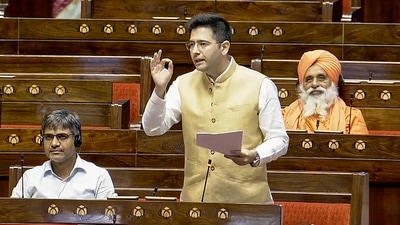 AAP MP Raghav Chadha speaks in the Rajya Sabha during the Monsoon session of Parliament, in New Delhi, Thursday, July 25, 2024. (PTI Photo) (PTI) AAP MP Raghav Chadha speaks in the Rajya Sabha during the Monsoon session of Parliament, in New Delhi, Thursday, July 25, 2024. (PTI Photo) (PTI)