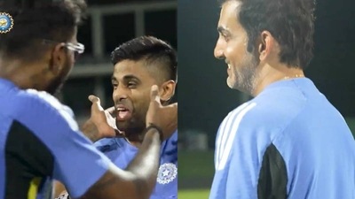 Suryakumar Yadav, Hardik Pandya during India's fielding session on Friday