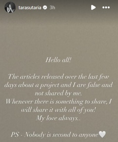 A screen grab of Tara Sutaria's Instagram stories. A screen grab of Tara Sutaria's Instagram stories.
