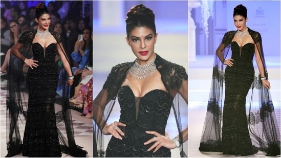 Jacqueline Fernandez dazzled at Indian Couture Week in a stunning black off-shoulder gown.(Instagram/@fdciofficial)