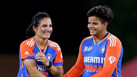 India Women's Renuka Singh Thakur and Shafali Verma celebrate a dismissal.(BCCIWomen - X)