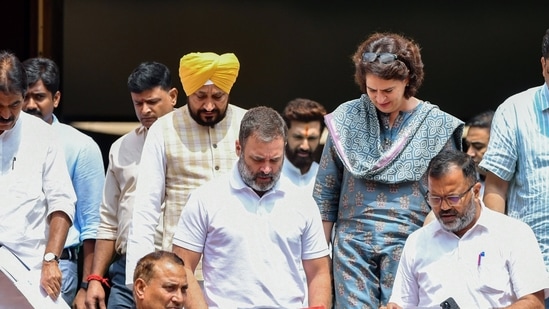 Leader of Opposition in Lok Sabha and Congress MP Rahul Gandhi with party MPs Priyanka Gandhi Vadra, KC Venugopal, Charanjit Singh Channi leave after attending the ongoing Monsoon Session, at Parliament premises in New Delhi on Thursday 