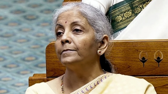 Finance minister Nirmala Sitharaman attends the proceedings of the Lok Sabha during the Monsoon Session of Parliament, in New Delhi.(SansadTV)