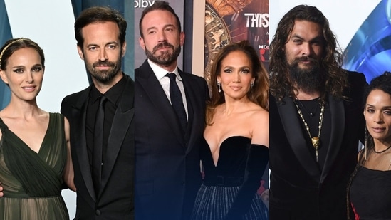 Natalie Portman and Benjamin Millepied (L), Jennifer Lopez and Ben Affleck (Centre), and Jason Momoa and Lisa Bonet (R)