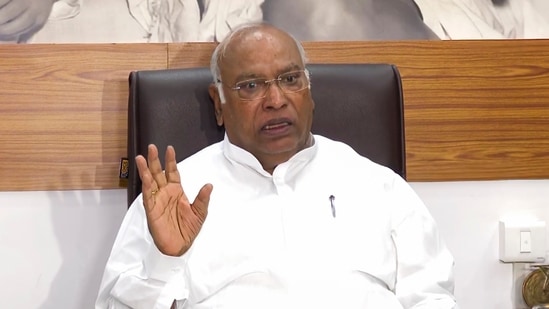 Congress president Mallikarjun Kharge during a press conference in New Delhi on July 23.(PTI)