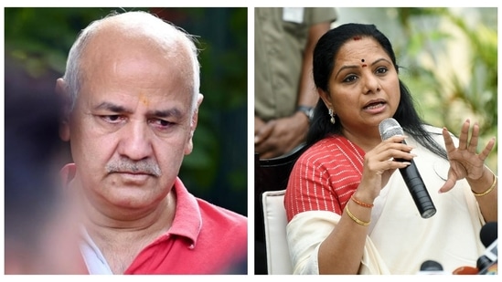 Aam Aadmi Party (AAP) leader Manish Sisodia and Bharat Rashtra Samithi (BRS) leader K Kavitha.(File)