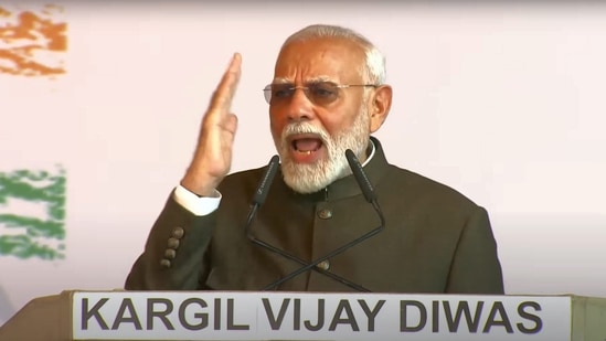 Prime Minister Narendra Modi speaks during a program to commemorate the 25th anniversary of the Kargil Vijay Diwas at the Kargil War Memorial, in Dras, Friday, July 26, 2024. (PTI Photo)(PTI)