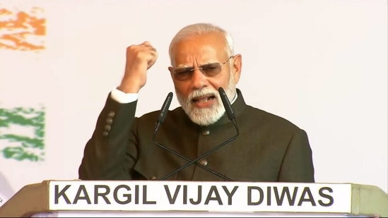 Prime Minister Narendra Modi speaks  during a program to commemorate the 25th anniversary of the Kargil Vijay Diwas at the Kargil War Memorial, in Dras, Friday, July 26, 2024. (PTI Photo)