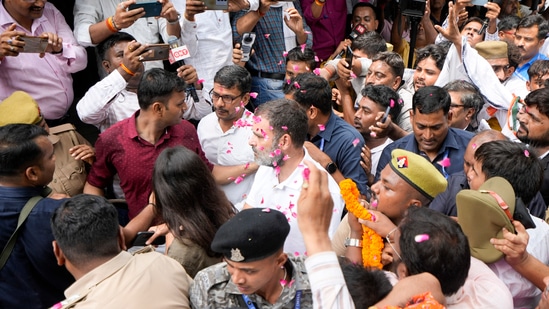 Sultanpur: Congress leader Rahul Gandhi on his way to appear at a district court in connection with a defamation case, in Sultanpur, Friday, July 26, 2024.(PTI Photo/Nand Kumar)