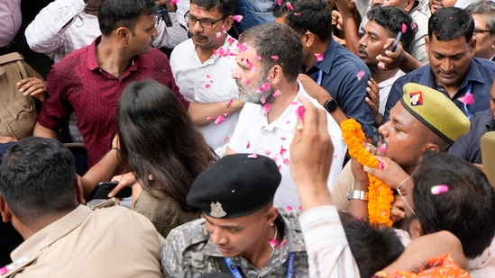 Congress leader Rahul Gandhi on his way to appear at a district court in connection with a defamation case, in Sultanpur on Friday (PTI Photo/Nand Kumar)(PTI)