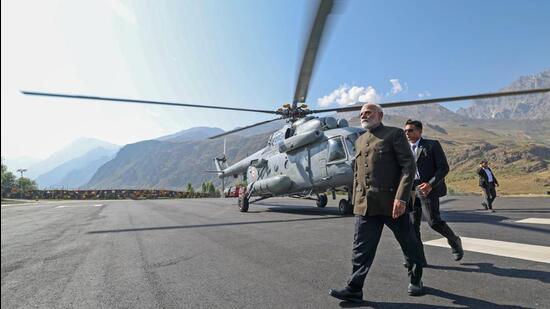 Prime Minister Narendra Modi visits the Kargil War Memorial on the occasion of the 25th Kargil Vijay Diwas, at Drass, on Friday. (BJP-X)