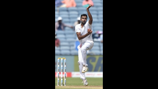 Ravichandran Ashwin in action during the second test match at Maharashtra Cricket Association Stadium, Gahunje in Pune, on Saturday, October 12, 2019. (Pratham Gokhale/HT Photo)