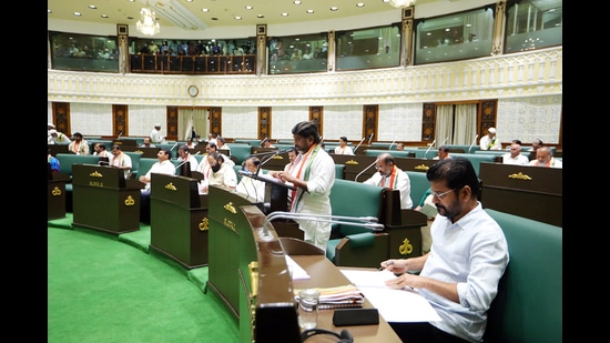 Telangana Deputy Chief Minister and Finance Minister Bhatti Vikramarka Mallu presents the state Budget 2024-25, in Hyderabad on Thursday. State Chief Minister Revanth Reddy also seen. (ANI)