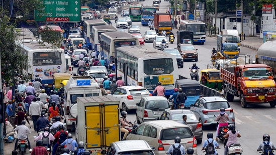 Traffic jam on one side of the Mysuru Road as private vehicle drivers' call for a city-wide bandh over their various demands, in Bengaluru. (ANI)