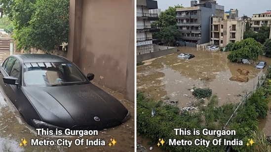 Visuals show luxury cars submerged after rainfall in Gurugram.(Instagram/@gajodharsinghcool)