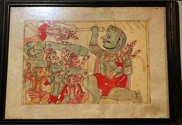 A Chitrakathi painting featuring Angad carrying Kumbhakaran. (Veidehi Gite) A Chitrakathi painting featuring Angad carrying Kumbhakaran. (Veidehi Gite)