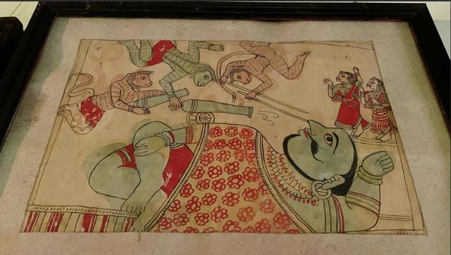 A Chitrakathi painting depicting playful monkeys attempting to wake up Kumbhakarna. (Veidehi Gite) A Chitrakathi painting depicting playful monkeys attempting to wake up Kumbhakarna. (Veidehi Gite)