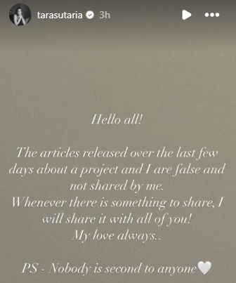 A screen grab of Tara Sutaria's Instagram stories.