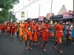 Kanwariyas (Lord Shiva devotees) arrive after filling their pots with ganga water from Sultanganj during the annual 'Kanwar Yatra' in Deoghar. (ANI file)
Kanwariyas (Lord Shiva devotees) arrive after filling their pots with ganga water from Sultanganj during the annual 'Kanwar Yatra' in Deoghar. (ANI file)