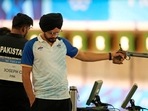 India's Sarabjot Singh participates in the 10m Air Pistol Men Pre-event Training at the 2024 Summer Olympics, Friday, July 26, 2024