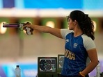 India's Manu Bhaker takes aim during the 10m Air Pistol Women Pre-event Training at the 2024 Summer Olympics, Friday, July 26, 2024