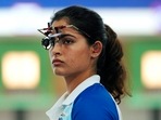 India's Manu Bhaker reacts during the 10m air pistol women's qualification round at the 2024 Summer Olympics