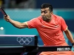 India's Harmeet Desai plays a return to Jordan's Zaid Abo Yaman during the men's table tennis singles preliminary round at the Paris 2024 Olympic Games
