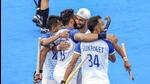 India's Harmanpreet Singh with teammates celebrates after scoring a goal from a penalty stroke against New Zealand during the Pool B hockey match between India and New Zealand, in Paris, Saturday. (PTI) India's Harmanpreet Singh with teammates celebrates after scoring a goal from a penalty stroke against New Zealand during the Pool B hockey match between India and New Zealand, in Paris, Saturday. (PTI)