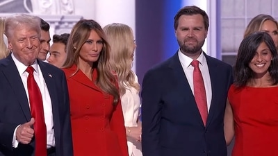Republican Presidential candidate Donald Trump and his wife Melania Trump with US Vice-Presidential candidate JD Vance and his wife Usha Vance at the Republican National Convention, in Milwaukee on Thursday. (Rep. National Convention/Youtube)
