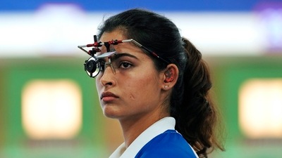 India's Manu Bhaker reacts during the 10m air pistol women's qualification round at the 2024 Summer Olympics (AP) India's Manu Bhaker reacts during the 10m air pistol women's qualification round at the 2024 Summer Olympics (AP)
