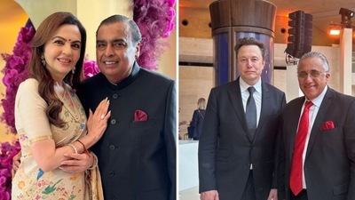 Nita and Mukesh Ambani (L) and Elon Musk (R) in Paris for Olympics. Nita and Mukesh Ambani (L) and Elon Musk (R) in Paris for Olympics.