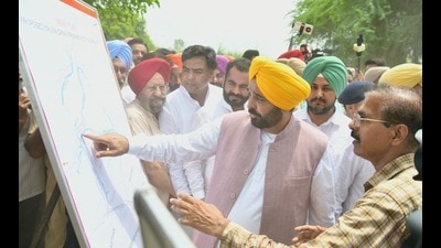 Chief minister Bhagwant Mann in Doda village of Muktsar district for inspection of the Malwa canal site on Saturday. Chief minister Bhagwant Mann in Doda village of Muktsar district for inspection of the Malwa canal site on Saturday.