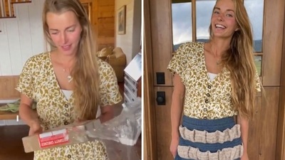 Hannah Neeleman receives an egg apron as a birthday gift (TikTok/@ballerinafarm) Hannah Neeleman receives an egg apron as a birthday gift (TikTok/@ballerinafarm)