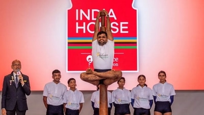 The Mumbai-based mallakhamb team, coached by Uday Deshpande (on the left in the suit), performed at India House during the Paris Olympics on Saturday, July 27. (indianolympichouse/Instagram) The Mumbai-based mallakhamb team, coached by Uday Deshpande (on the left in the suit), performed at India House during the Paris Olympics on Saturday, July 27. (indianolympichouse/Instagram)