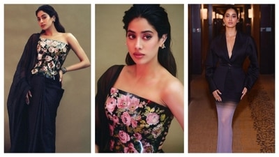 Janhvi Kapoor slayed in these two looks. For her first look, she gracefully paired a floral corset with a dark blue saree, the drapes going over her shoulder. It's serving a desi-princess vibe. Her second look was polar opposite, oozing a boss-lady charm, but lived up to the first outfit's glam. Again with unconventional pairing, she matched a dark blazer with a plunging neckline and a sheer ombre purple skirt. (Instagram/@janhvikapoor) Janhvi Kapoor slayed in these two looks. For her first look, she gracefully paired a floral corset with a dark blue saree, the drapes going over her shoulder. It's serving a desi-princess vibe. Her second look was polar opposite, oozing a boss-lady charm, but lived up to the first outfit's glam. Again with unconventional pairing, she matched a dark blazer with a plunging neckline and a sheer ombre purple skirt. (Instagram/@janhvikapoor)